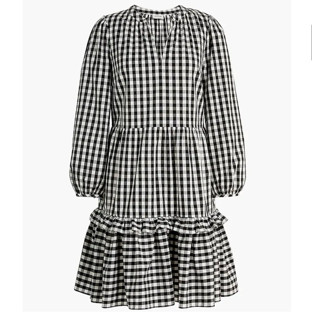 NWT J. Crew Cotton Poplin Tiered Ruffle Mini Dress (back & white). Style #BA813